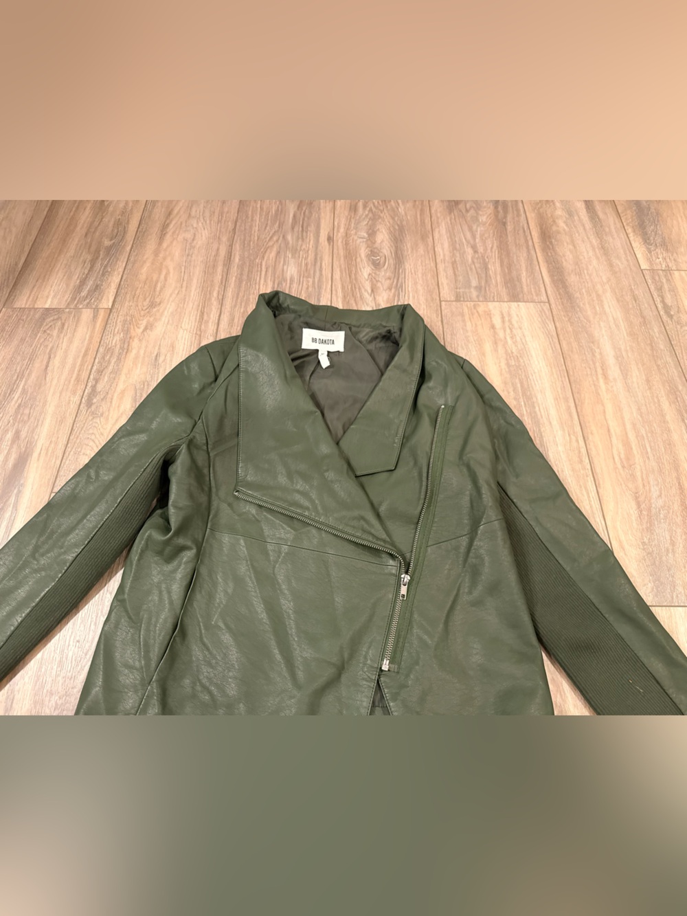 BB Dakota Olive Green Faux-Leather Asymmetric Bomber Jacket